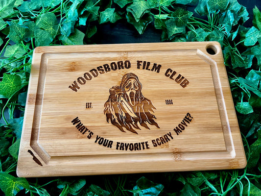 Cutting / Charcuterie Board - Woodsboro Film Club engraved on Bamboo- Ghostface Scream