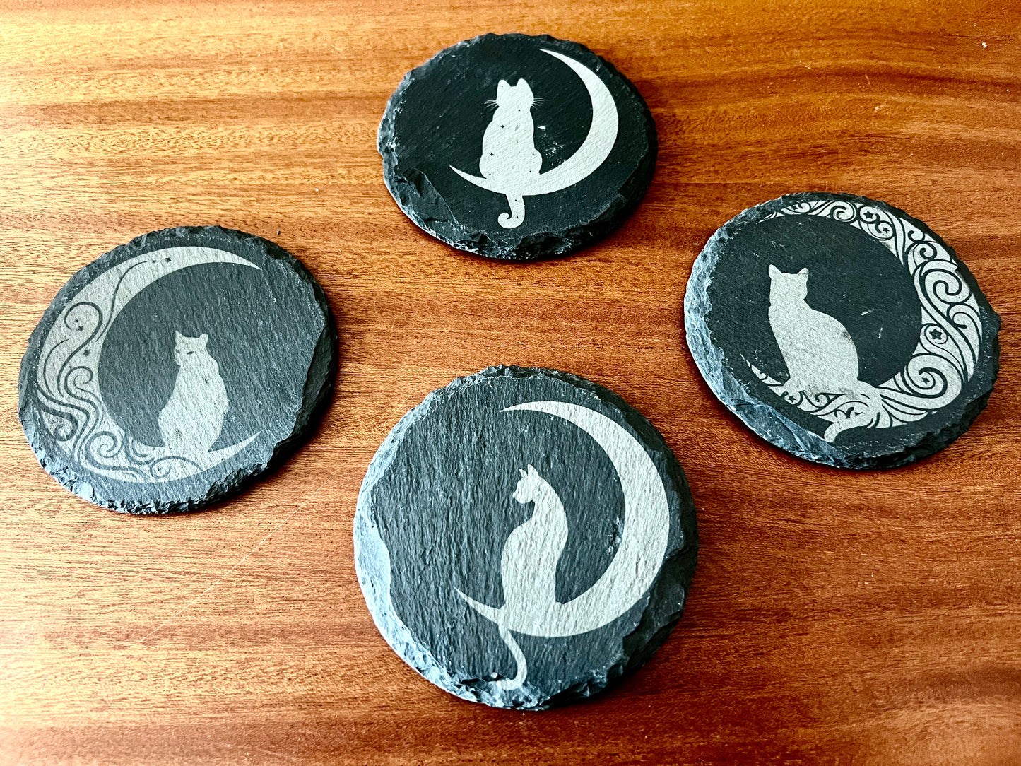 Coaster Set - Cats & Moons Engraved on Slate (Set of Four with rubber backing)