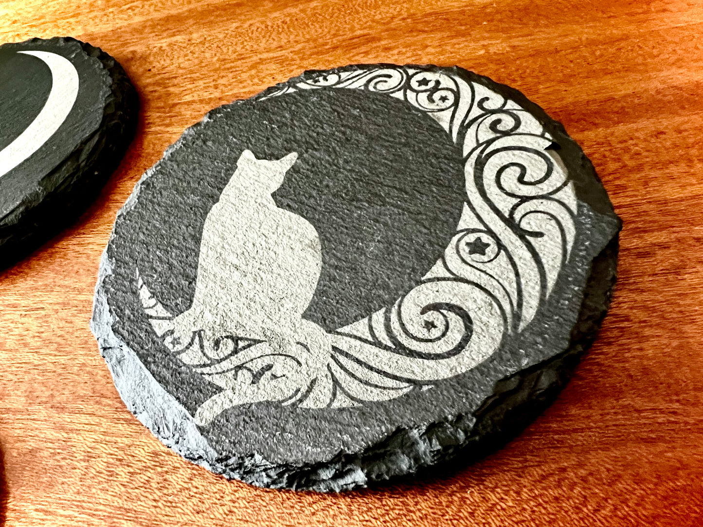 Coaster Set - Cats & Moons Engraved on Slate (Set of Four with rubber backing)