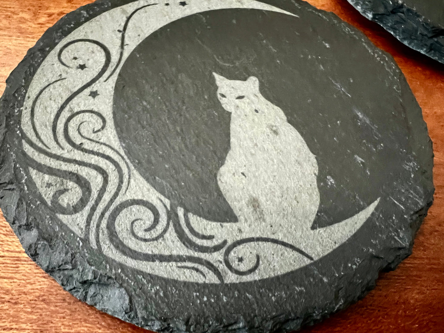 Coaster Set - Cats & Moons Engraved on Slate (Set of Four with rubber backing)