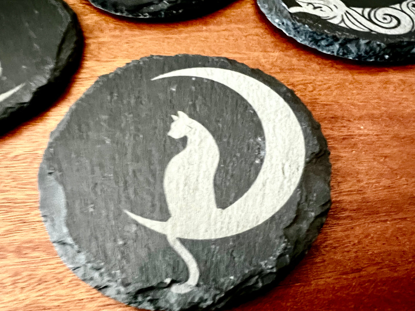 Coaster Set - Cats & Moons Engraved on Slate (Set of Four with rubber backing)