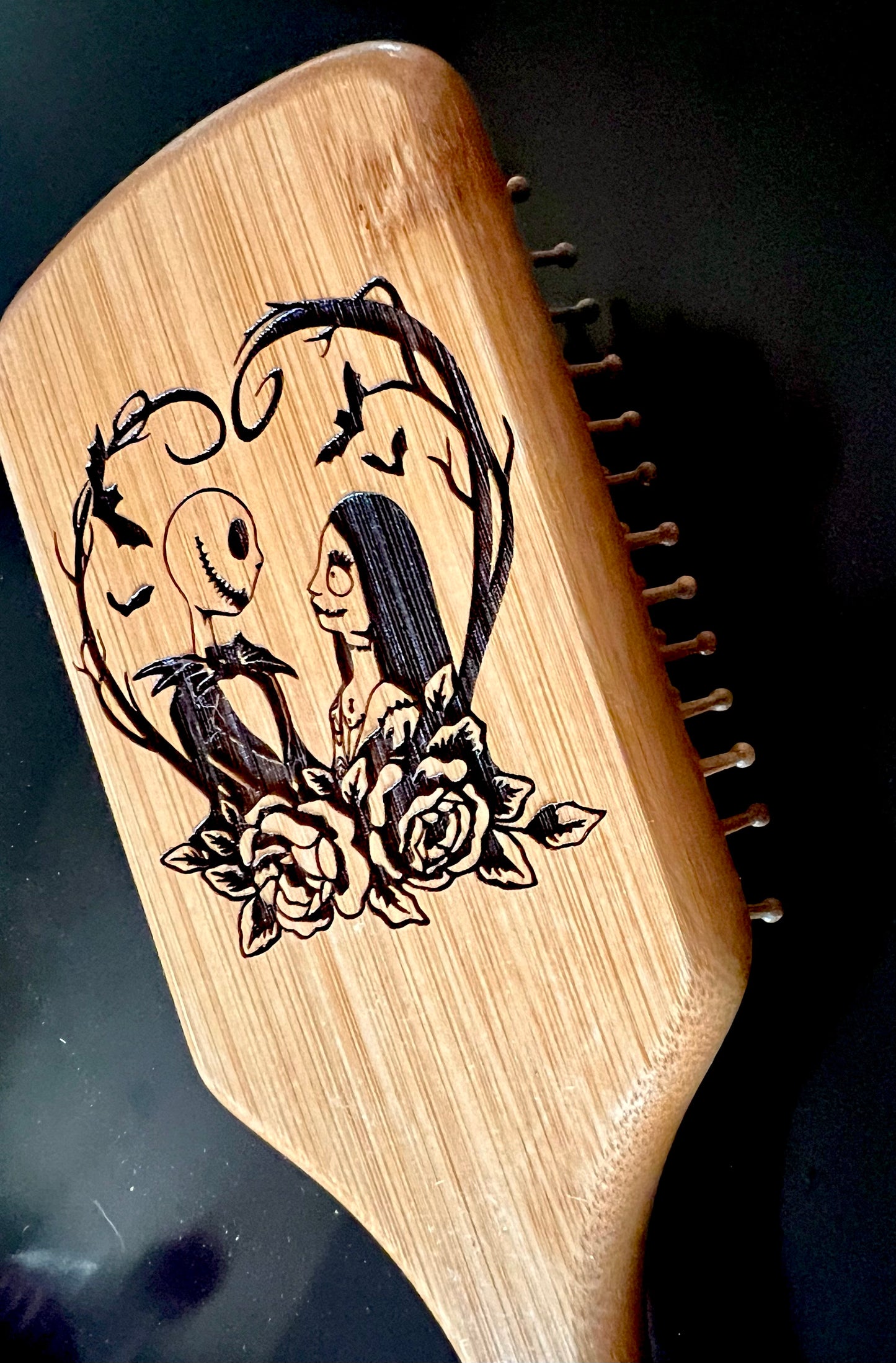 Hairbrush - Jack & Sally Engraved on large bamboo paddle