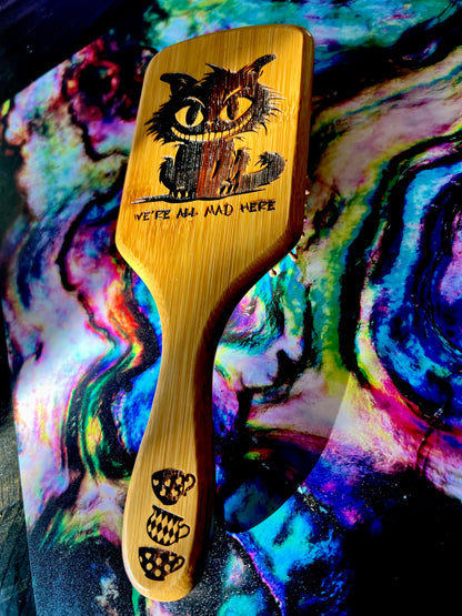 Hairbrush - Cheshire Cat Engraved on Large Bamboo Paddle Handle