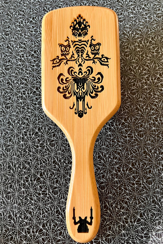 Hairbrush - Haunted Wallpaper Engraved on Large Bamboo Paddle Handle