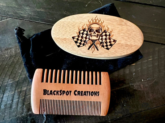 Beard Brush - Skulls & Racing Flags w/ comb and travel bag