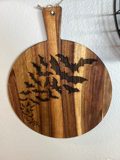 Charcuterie Board - A Cauldron Bats engraved on beautiful round acacia 16.5" X 13"