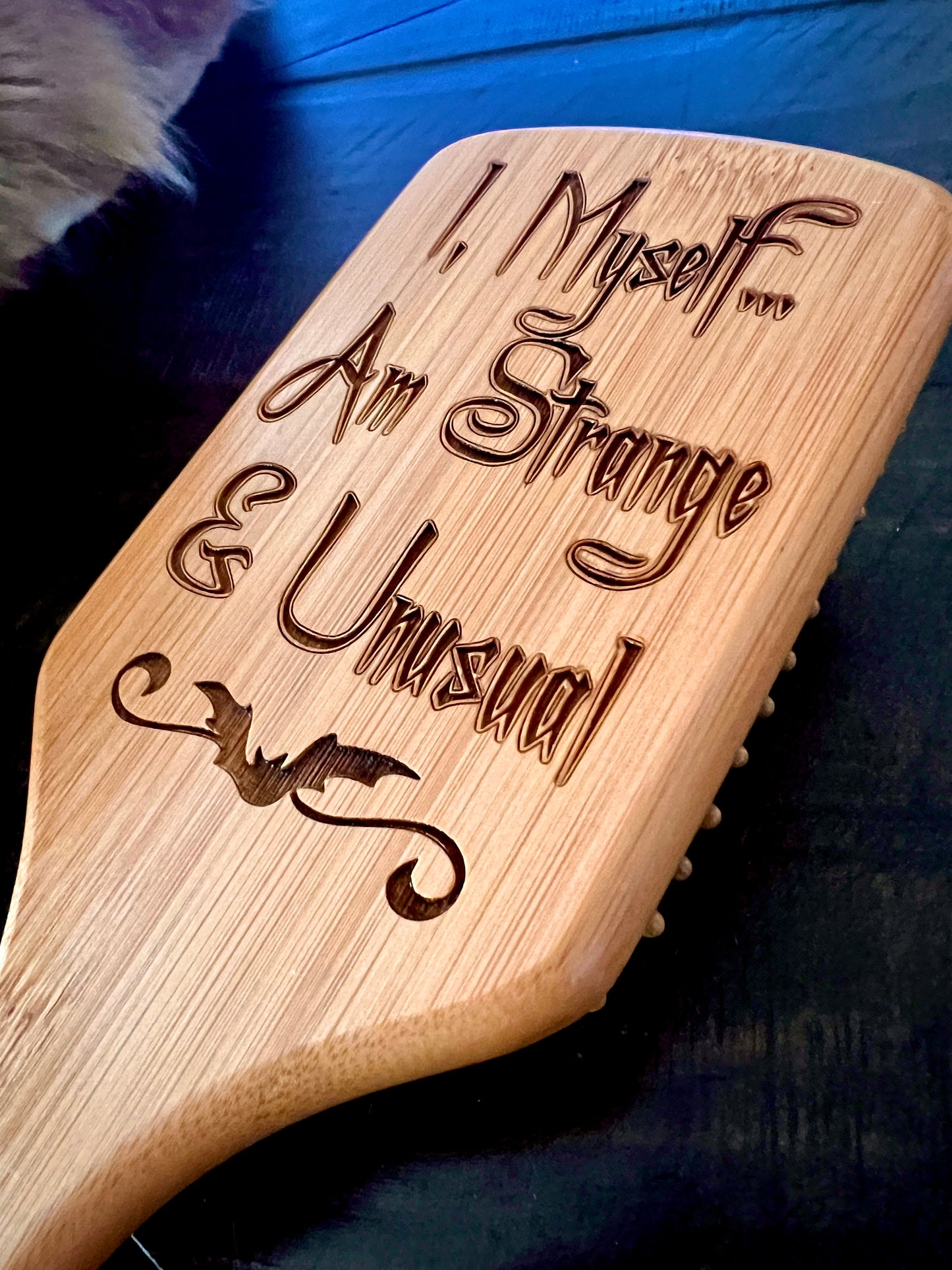 Hairbrush  - "Strange and Unusual" Engraved on Bamboo Handle