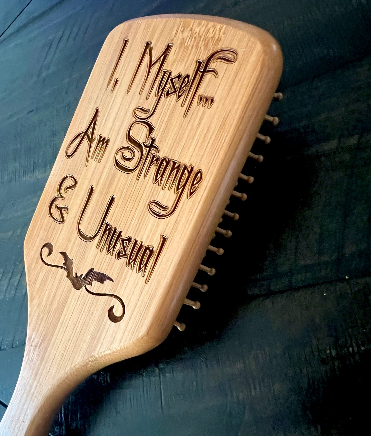 Hairbrush  - "Strange and Unusual" Engraved on Bamboo Handle