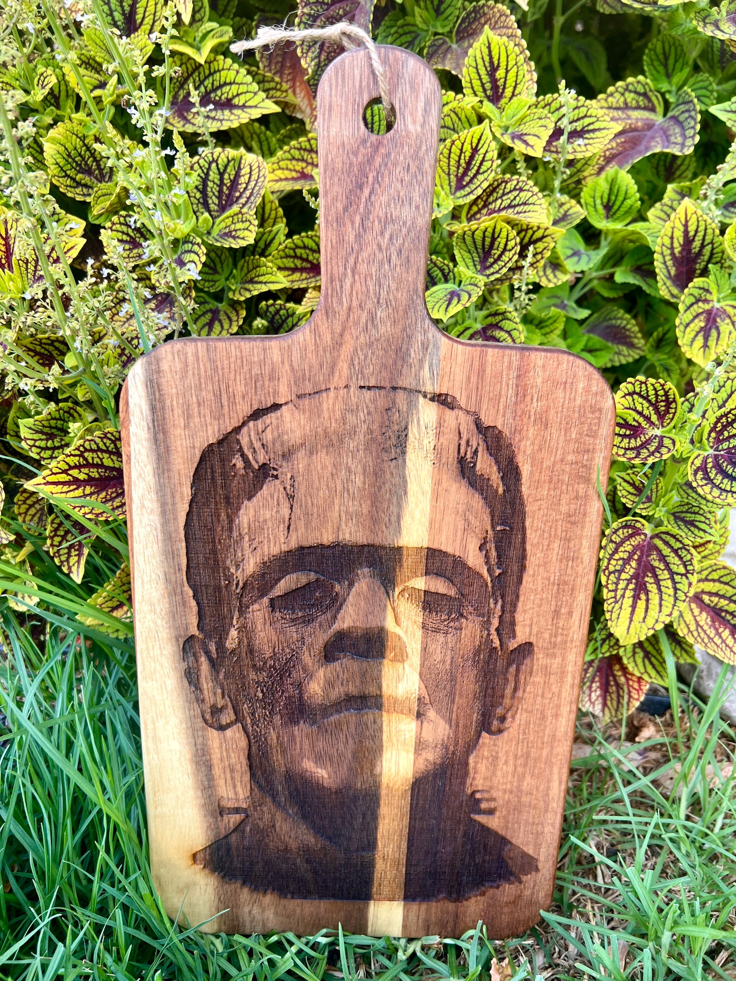 Charcuterie & Cutting Board - Frankenstein's Monster Engraved on beautiful Acacia Wood  16” X 8” Paddle