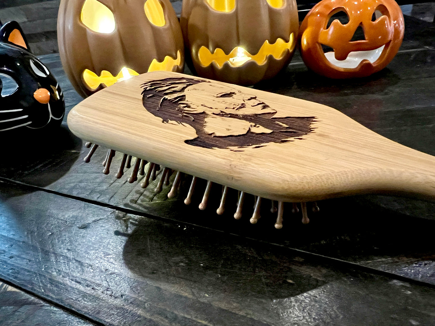 Hairbrush - Michael Myers Design Engraved on Bamboo Handle Halloween
