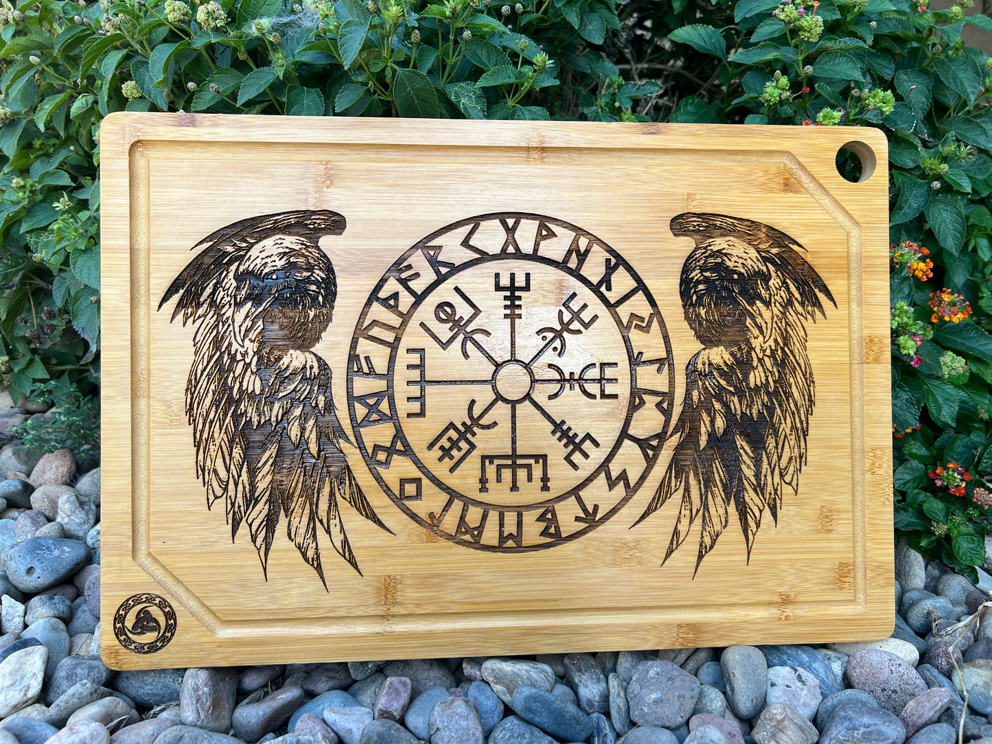 Cutting / Charcuterie Board - Odin's Twin Ravens & Vegvisir engraved on heavy duty Bamboo