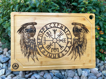 Cutting / Charcuterie Board - Odin's Twin Ravens & Vegvisir engraved on heavy duty Bamboo