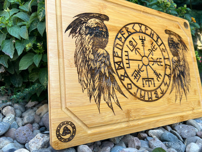 Cutting / Charcuterie Board - Odin's Twin Ravens & Vegvisir engraved on heavy duty Bamboo
