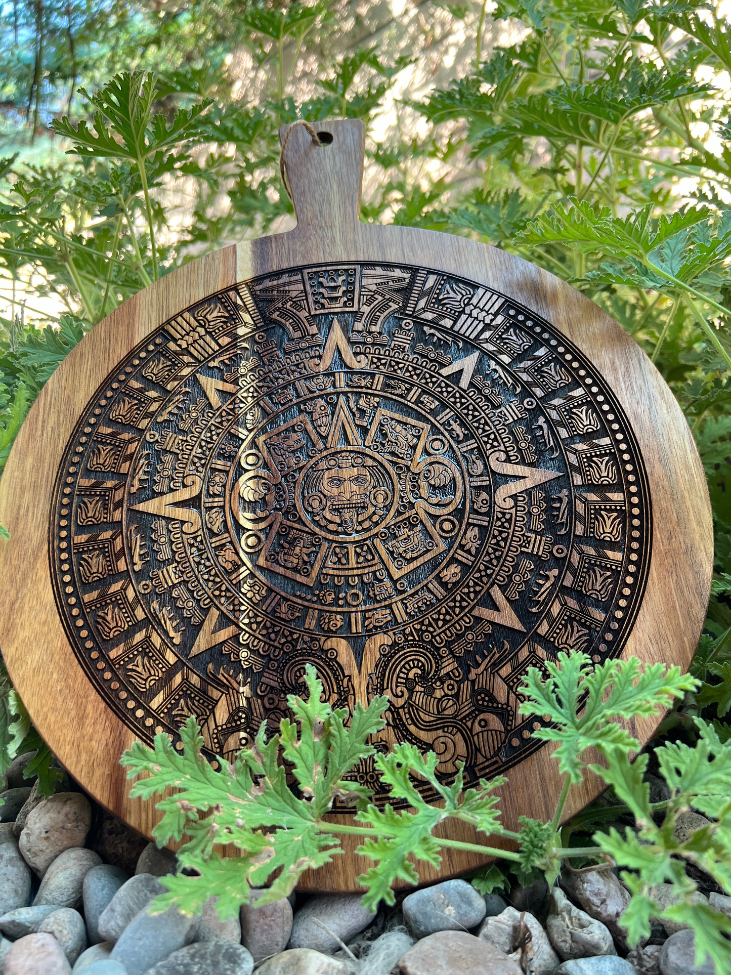 Charcuterie & Cutting Board - Aztec Calendar engraved on beautiful round acacia