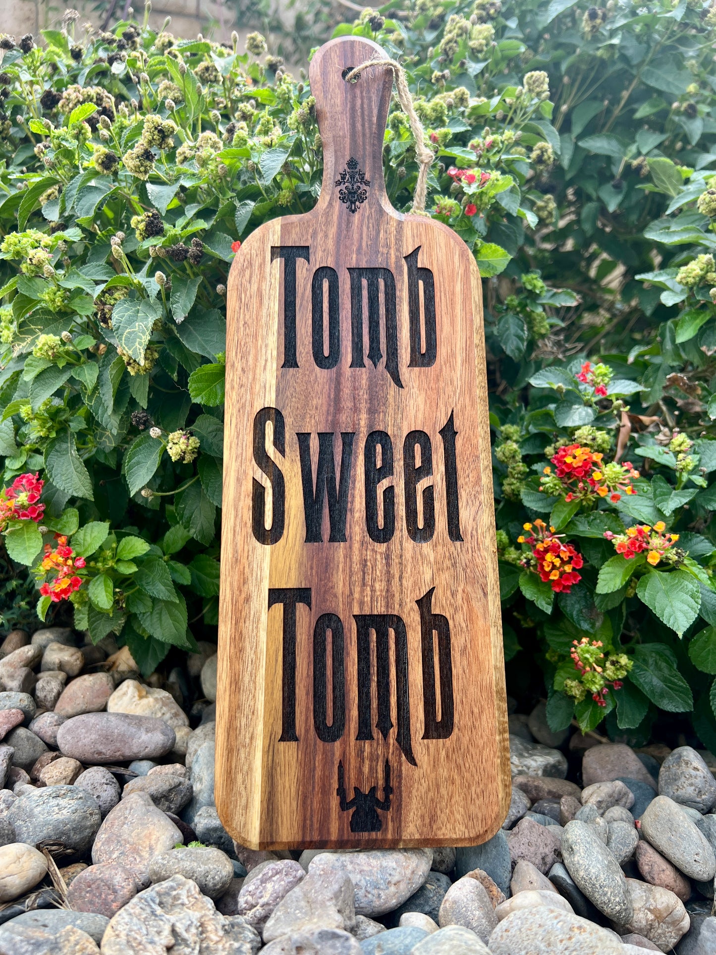 Charcuterie Board - “Tomb Sweet Tomb’ engraved on beautiful Acacia Paddle Board 16” X 5” Serving Tray