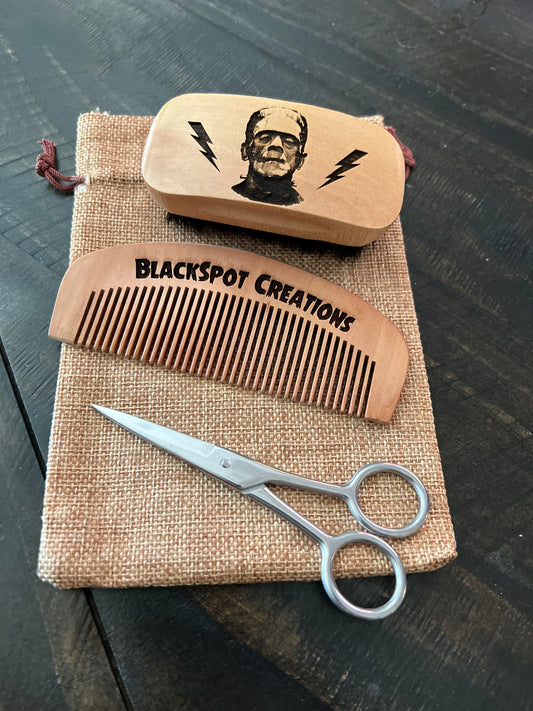 Grooming Kit - Frankenstein engraved beard brush, wooden comb, trimming scissors, and travel bag