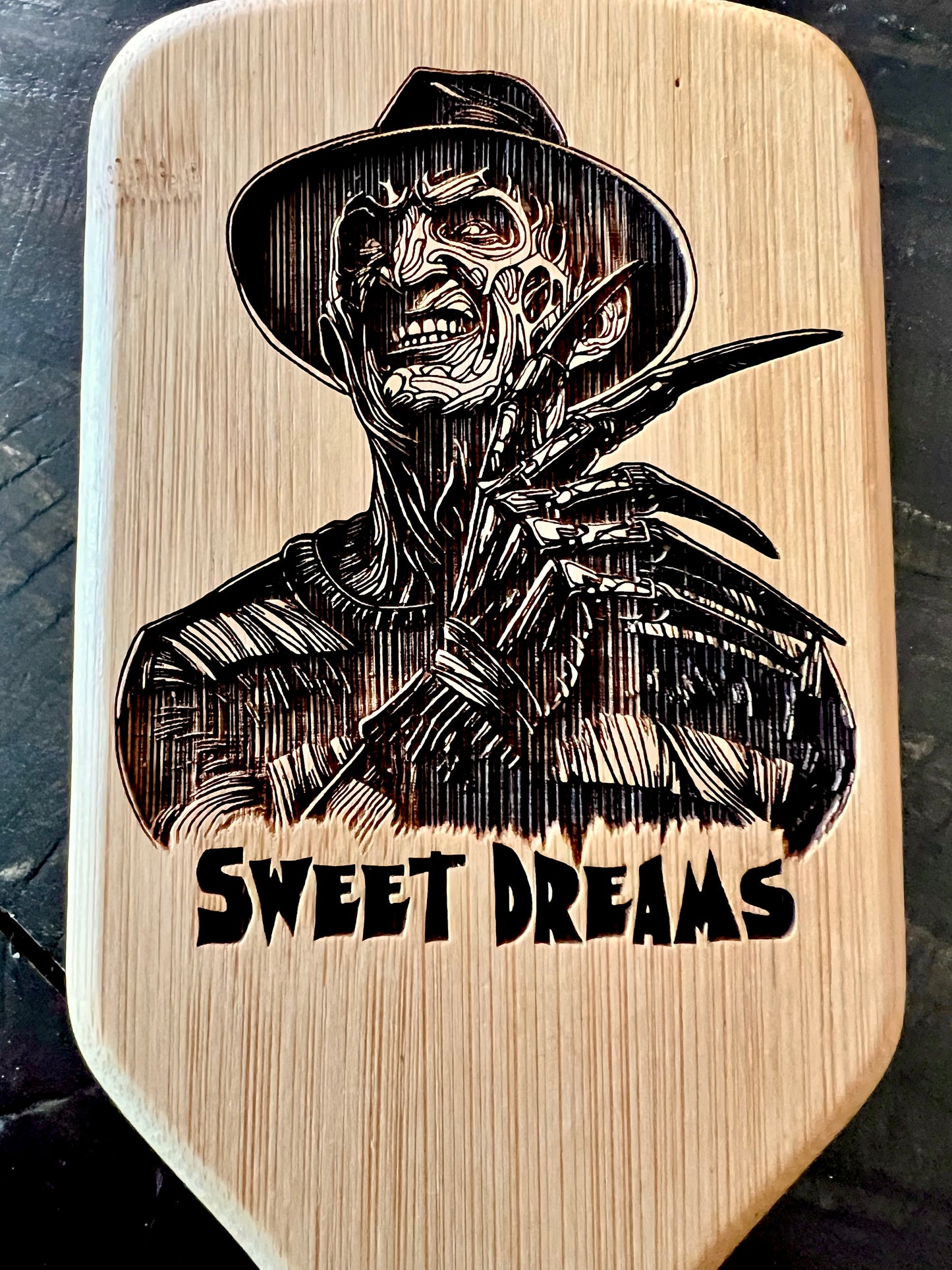 Hairbrush - Freddy Krueger engraved on large bamboo paddle brush with Bamboo Bristles