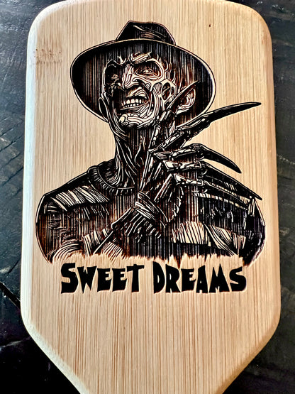 Hairbrush - Freddy Krueger engraved on large bamboo paddle brush with Bamboo Bristles
