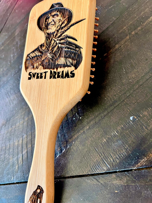 Hairbrush - Freddy Krueger engraved on large bamboo paddle brush with Bamboo Bristles