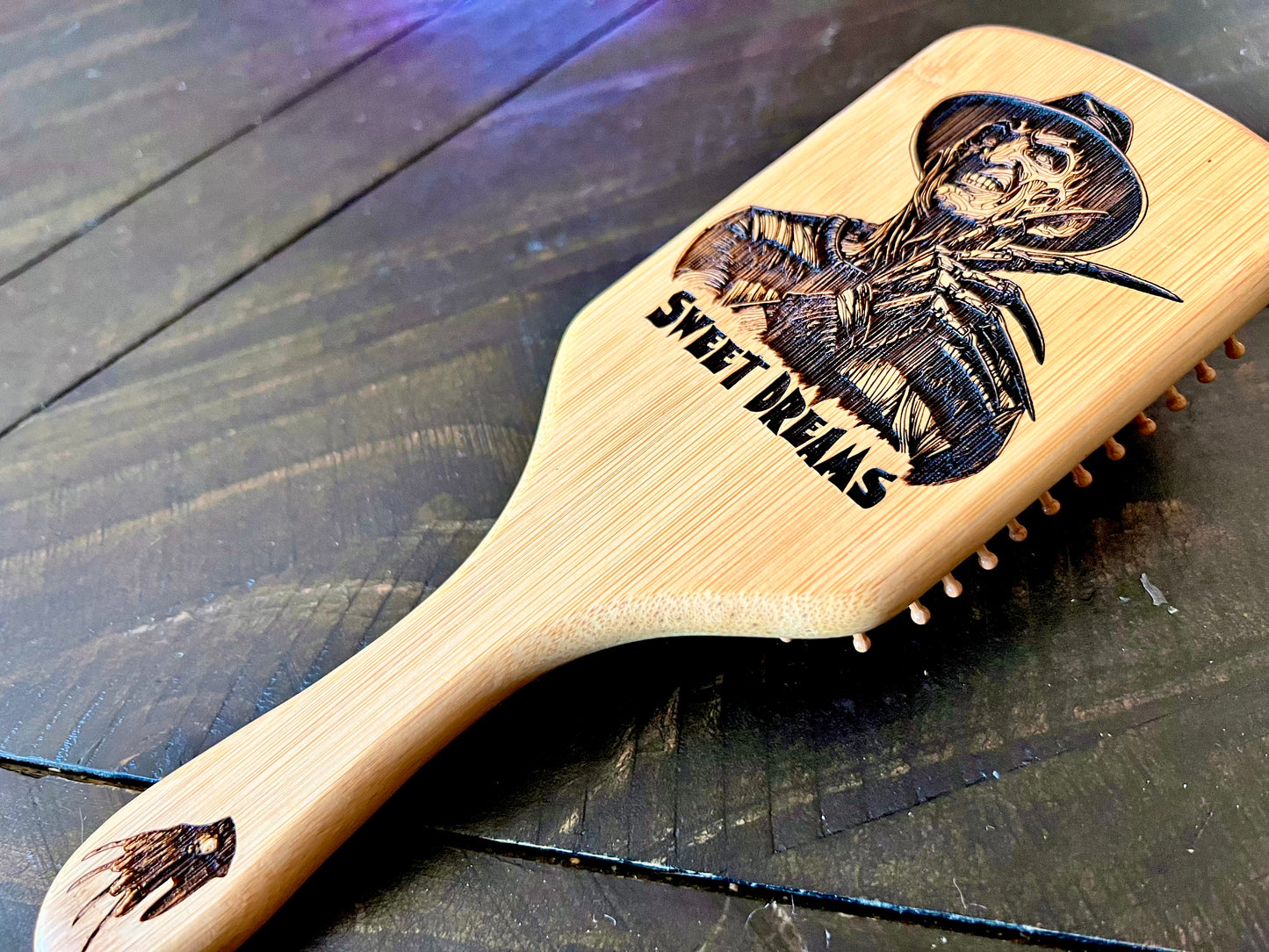 Hairbrush - Freddy Krueger engraved on large bamboo paddle brush with Bamboo Bristles