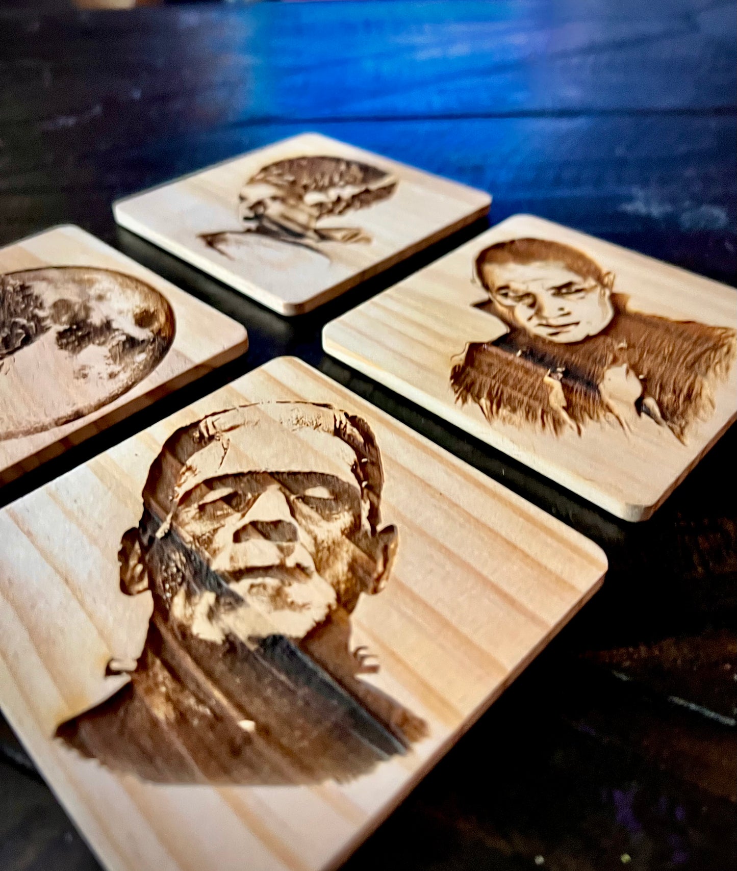 Coaster Set - Classic Monsters engraved wood with rubber pads (set of 4)