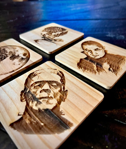 Coaster Set - Classic Monsters engraved wood with rubber pads (set of 4)