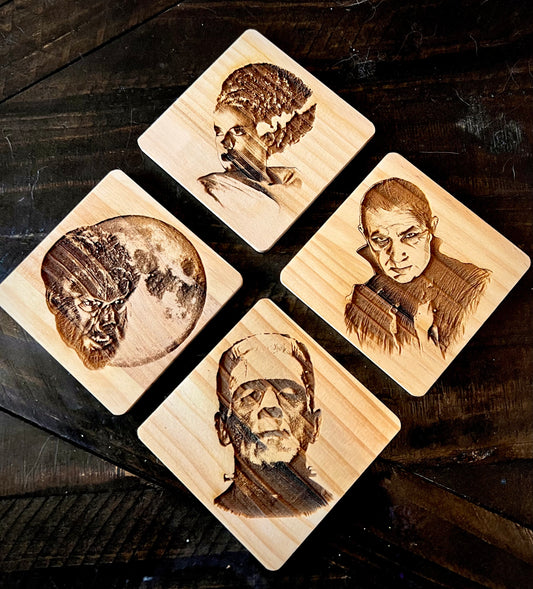Coaster Set - Classic Monsters engraved wood with rubber pads (set of 4)