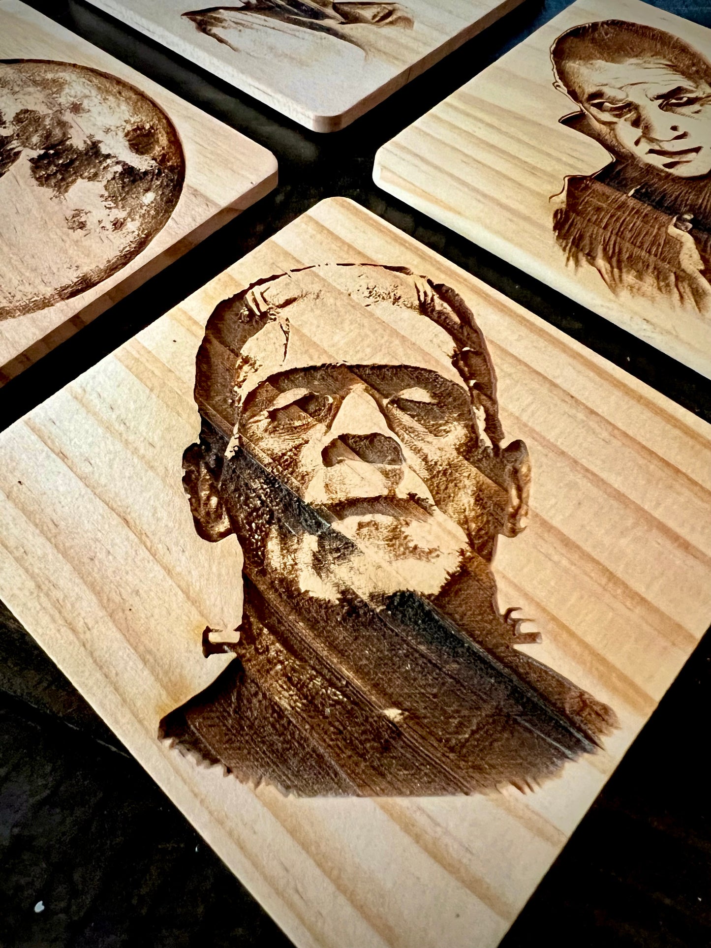 Coaster Set - Classic Monsters engraved wood with rubber pads (set of 4)