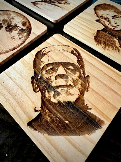 Coaster Set - Classic Monsters engraved wood with rubber pads (set of 4)