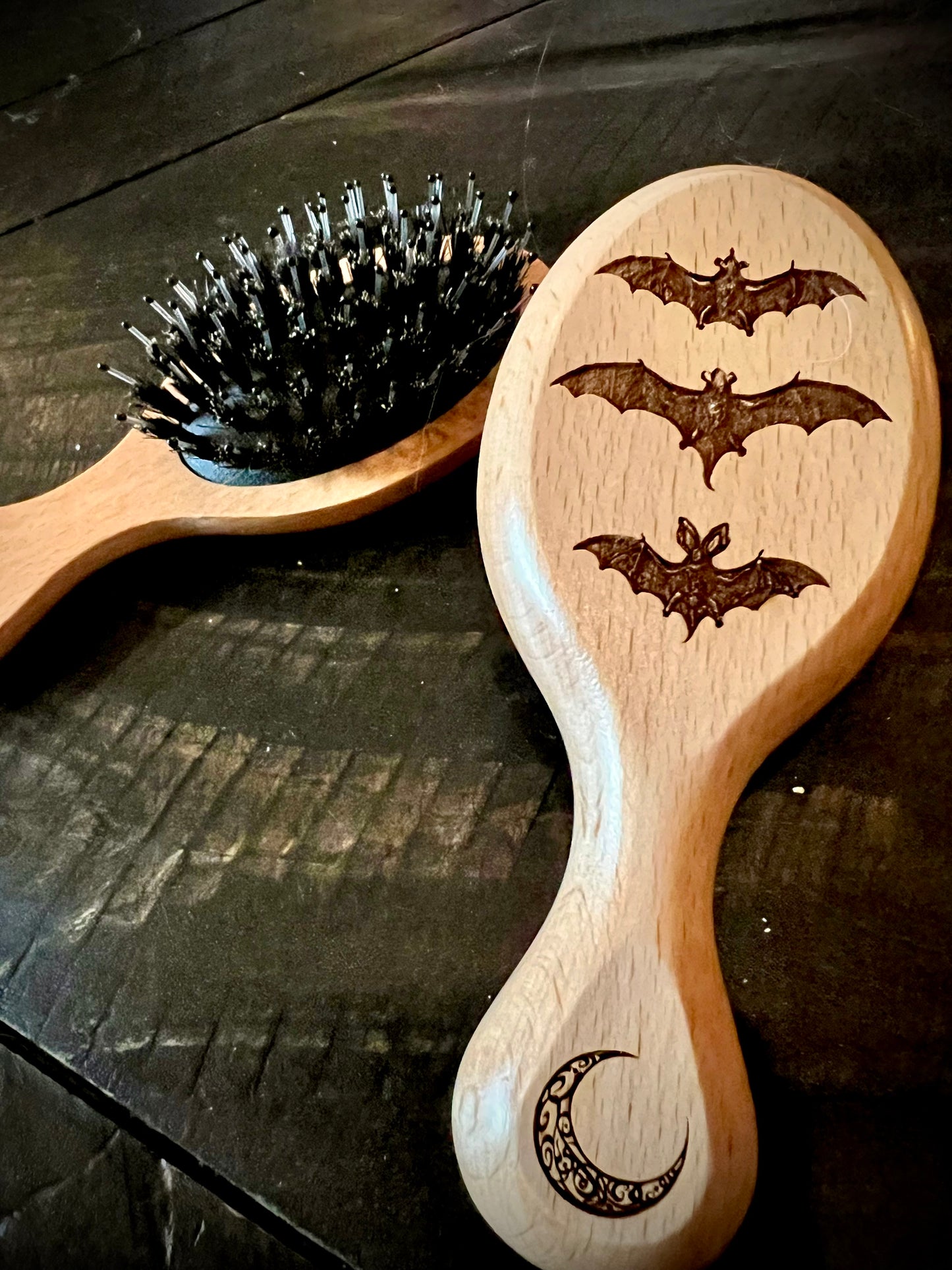 Travel Size Hairbrush - Triple Bats engraving with boar bristles