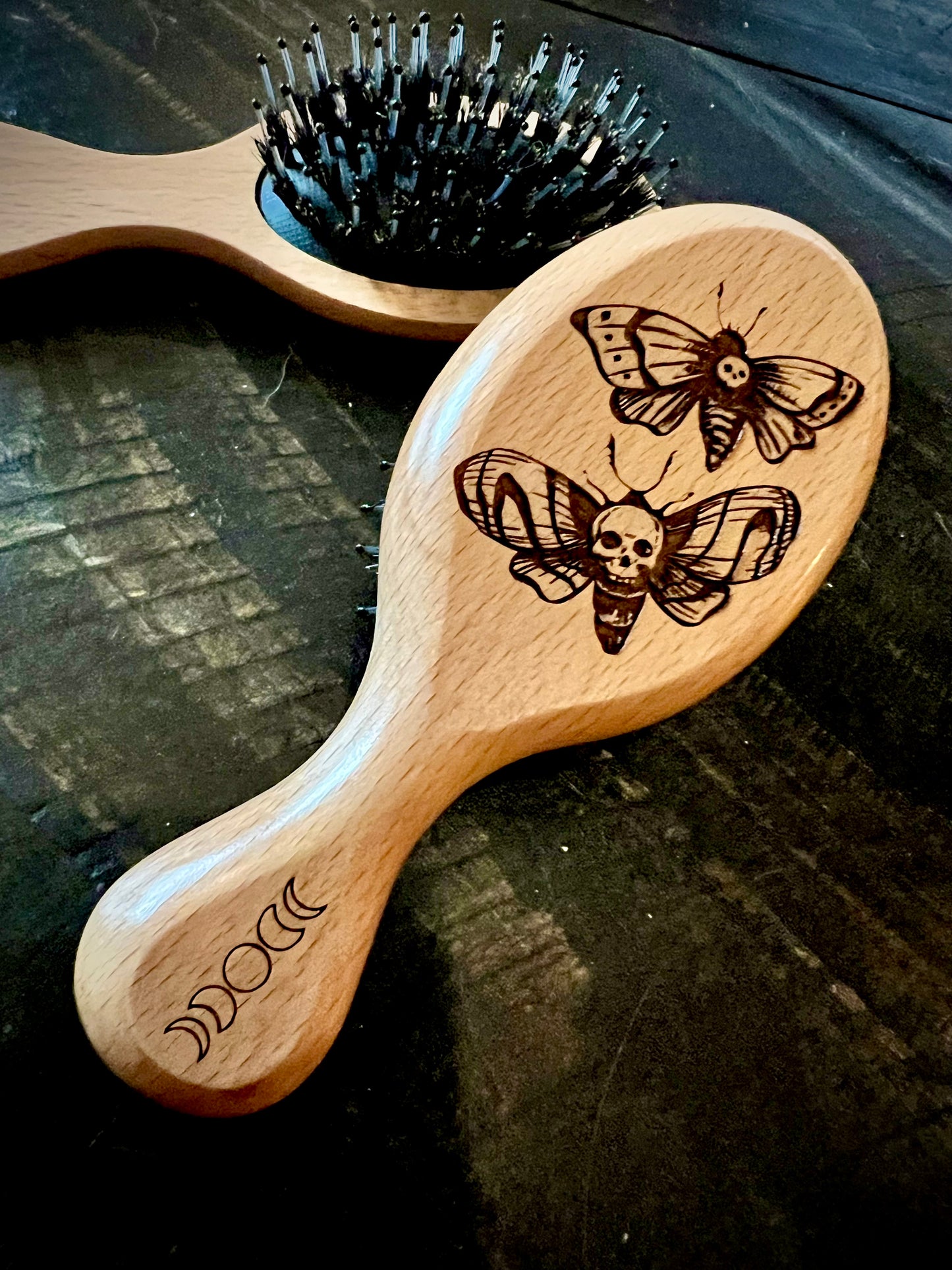 Travel Size Hairbrush - Death Moth engraving with boar bristles