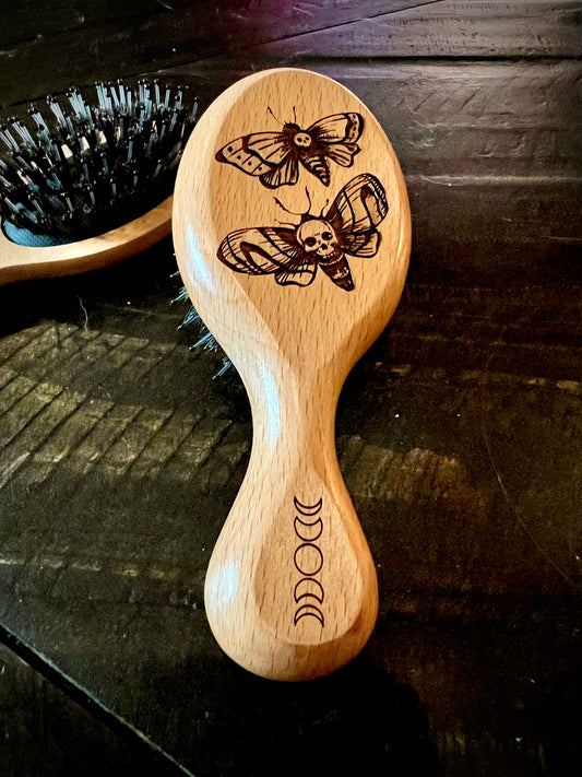 Travel Size Hairbrush - Death Moth engraving with boar bristles