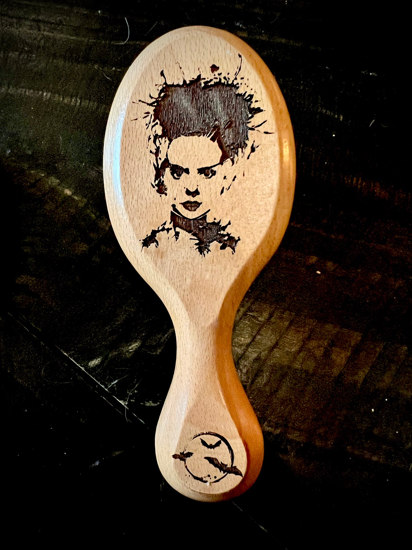 Travel Size Hairbrush - Bride of Frankenstein engraving with boar bristles