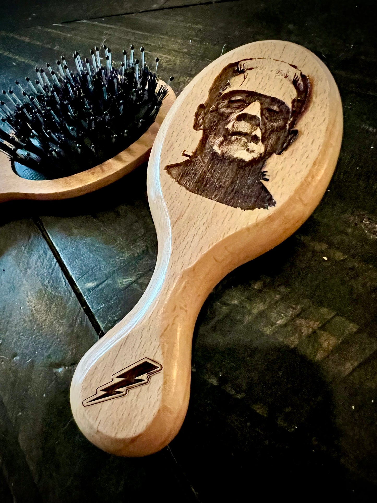 Travel Size Hairbrush - Frankenstein's Monster engraving with boar bristles