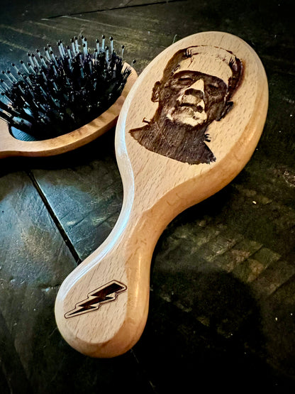 Travel Size Hairbrush - Frankenstein's Monster engraving with boar bristles