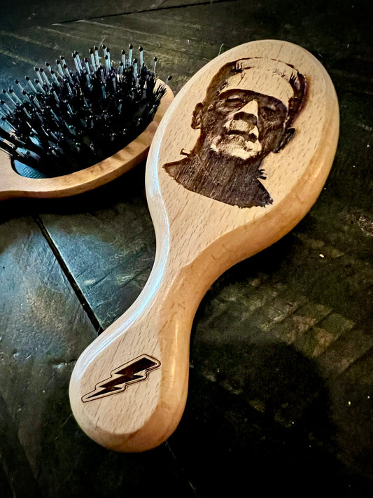 Travel Size Hairbrush - Frankenstein's Monster engraving with boar bristles