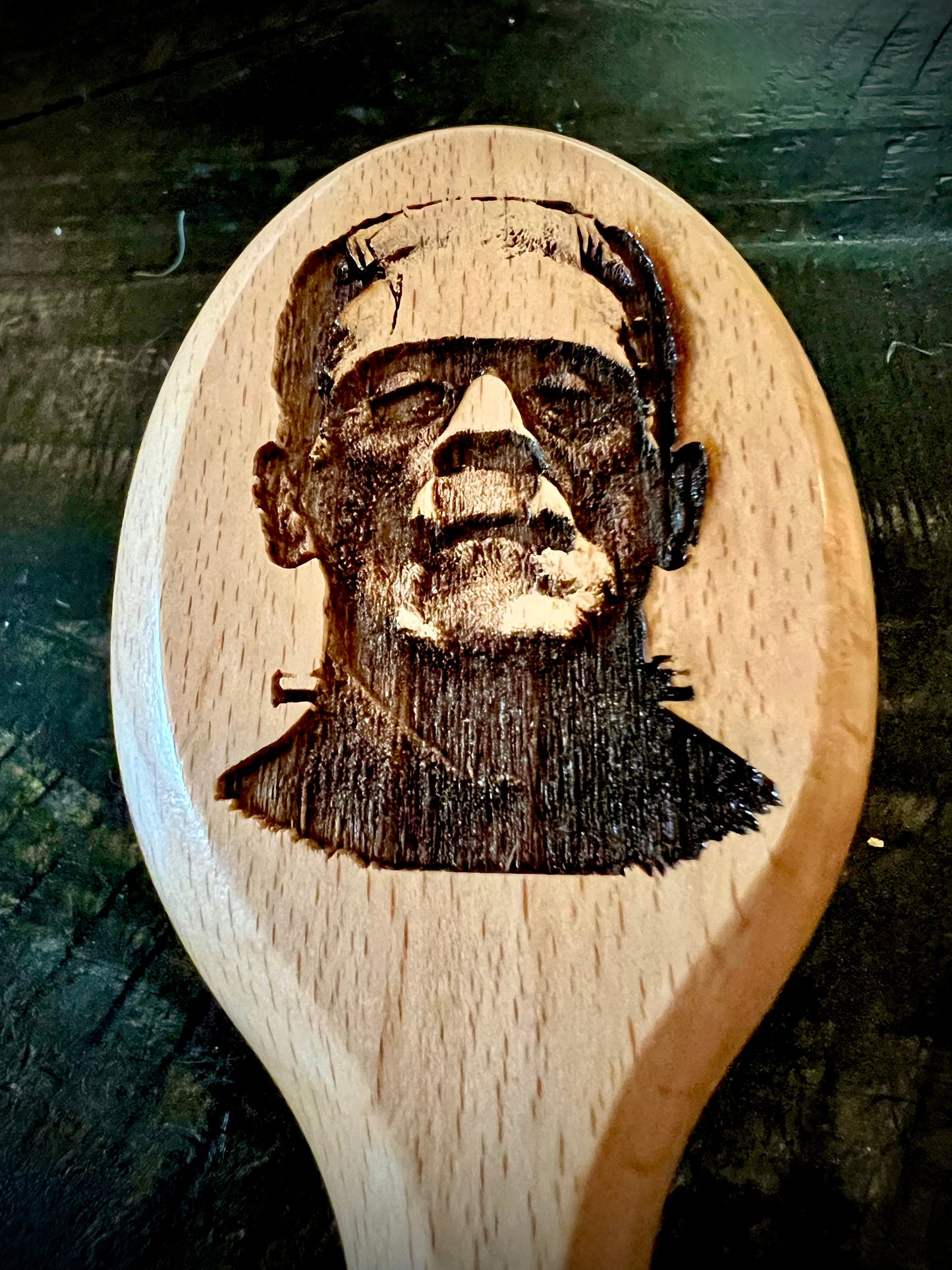 Travel Size Hairbrush - Frankenstein's Monster engraving with boar bristles