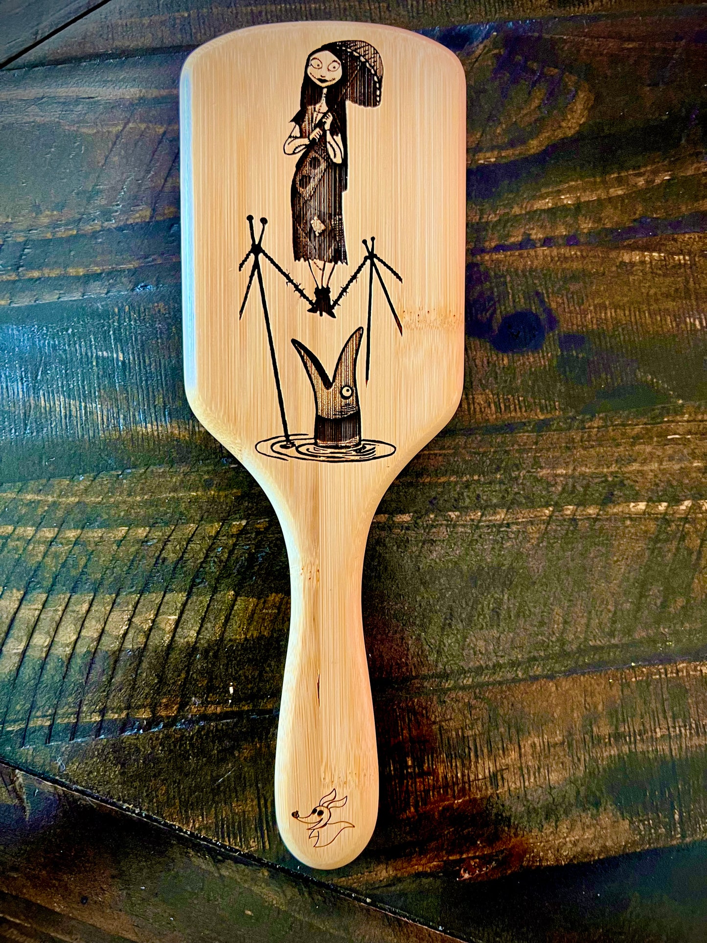 Hairbrush - Nightmare Before Christmas Tightrope Sally (Haunted Mansion) Engraved on large bamboo paddle
