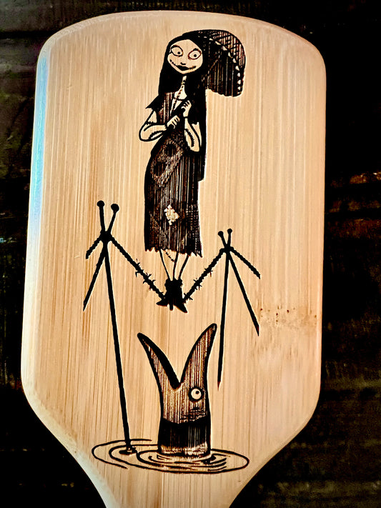 Hairbrush - Nightmare Before Christmas Tightrope Sally (Haunted Mansion) Engraved on large bamboo paddle