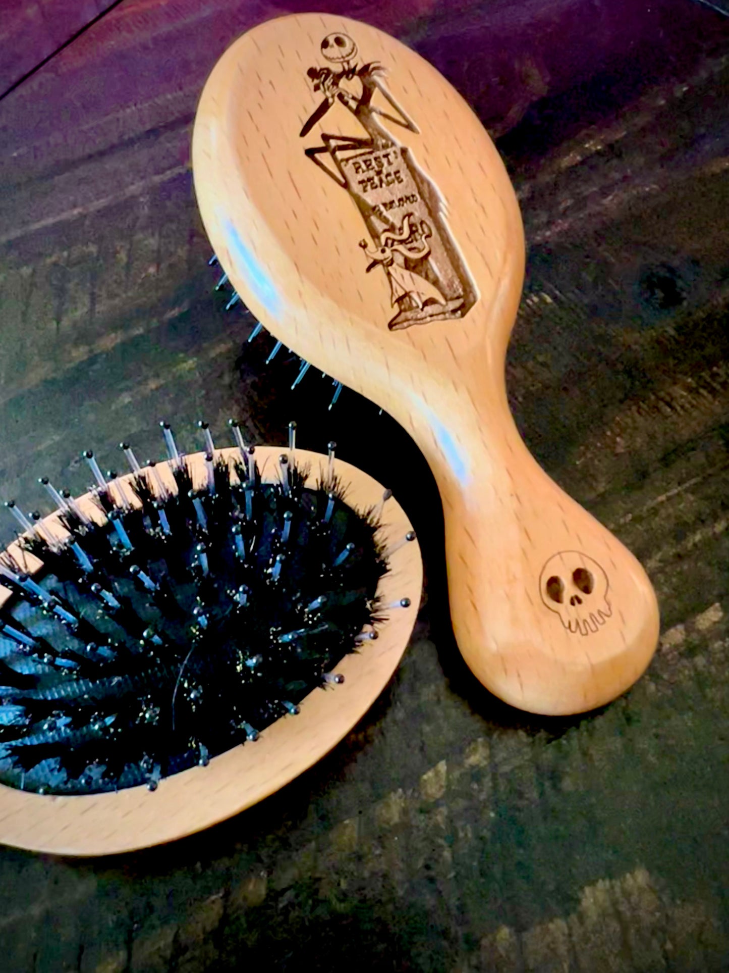 Travel Size Hairbrush - Nightmare Before Christmas Jack Skellington with Zero (Haunted Mansion) engraving with boar bristles