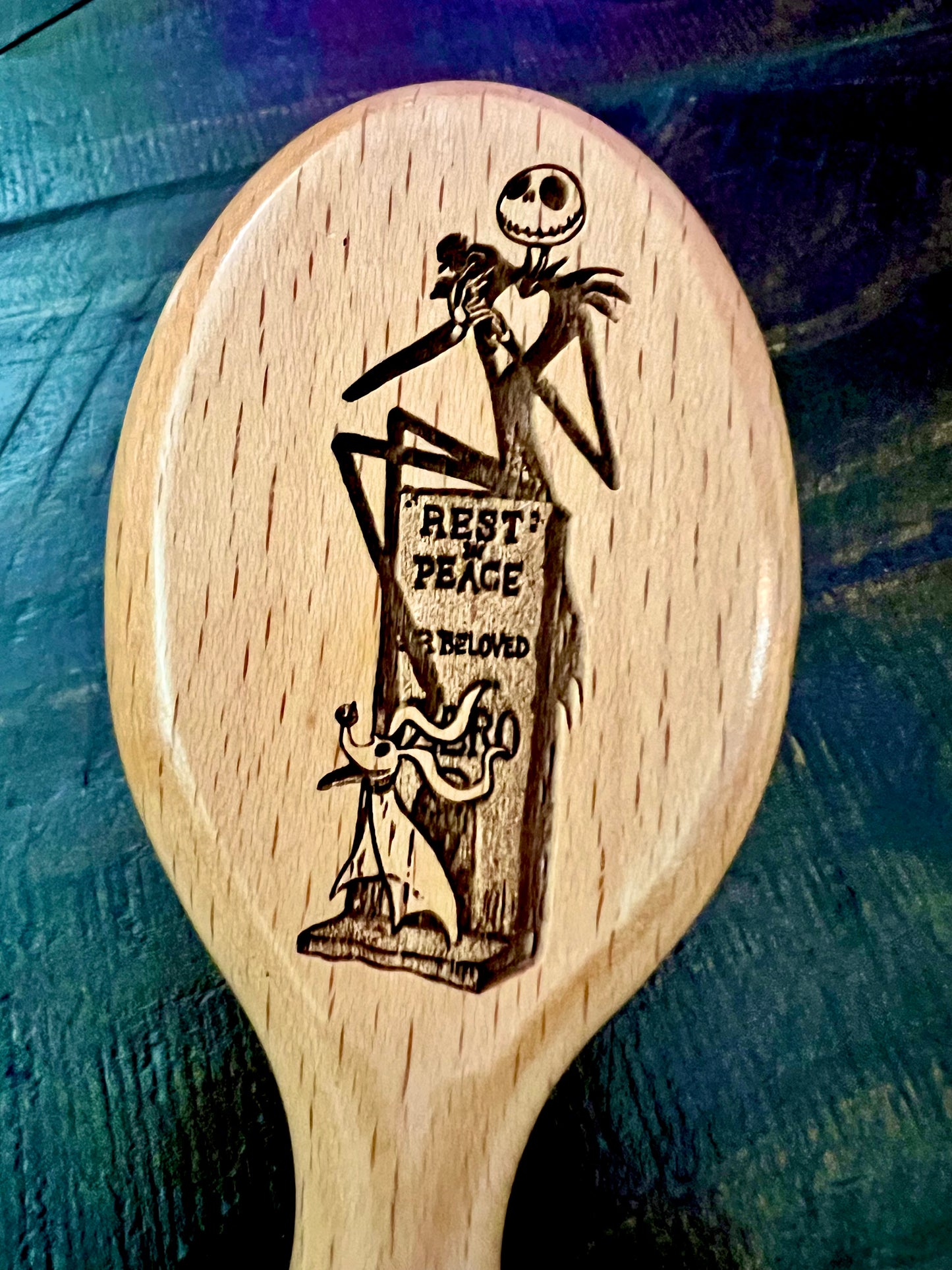 Travel Size Hairbrush - Nightmare Before Christmas Jack Skellington with Zero (Haunted Mansion) engraving with boar bristles