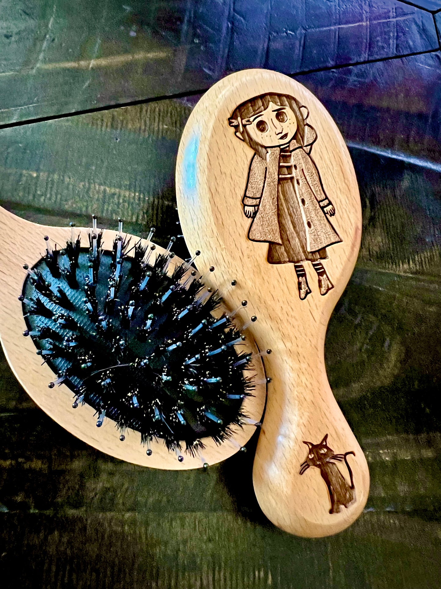 Travel Size Hairbrush  - Coraline Engraved on Beech Wood featuring Boar Bristle