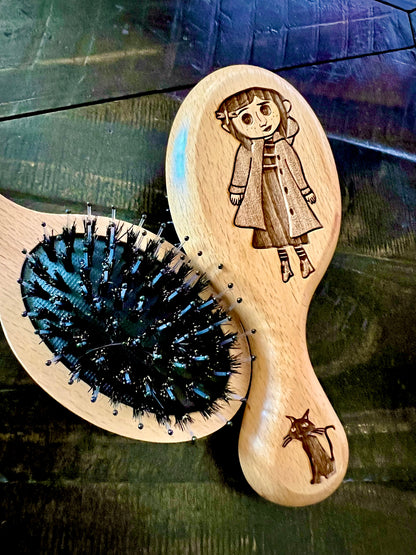 Travel Size Hairbrush  - Coraline Engraved on Beech Wood featuring Boar Bristle