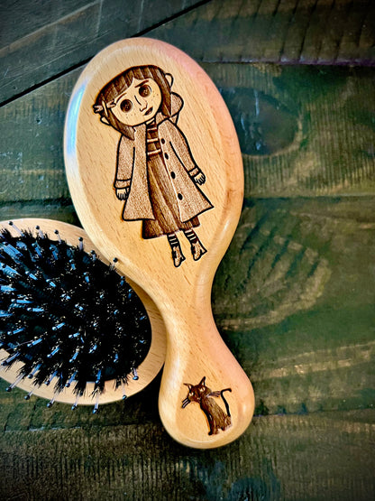 Travel Size Hairbrush  - Coraline Engraved on Beech Wood featuring Boar Bristle