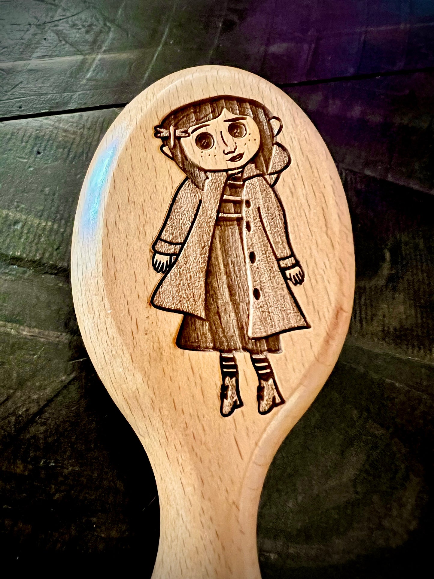 Travel Size Hairbrush  - Coraline Engraved on Beech Wood featuring Boar Bristle