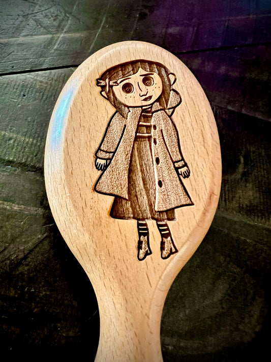 Travel Size Hairbrush  - Coraline Engraved on Beech Wood featuring Boar Bristle