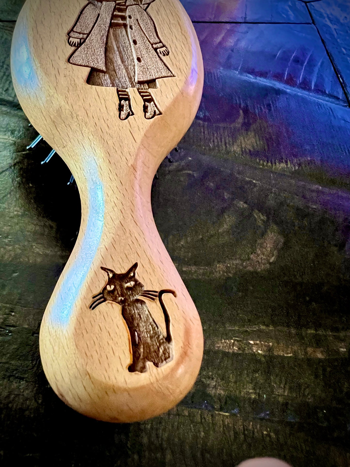 Travel Size Hairbrush  - Coraline Engraved on Beech Wood featuring Boar Bristle