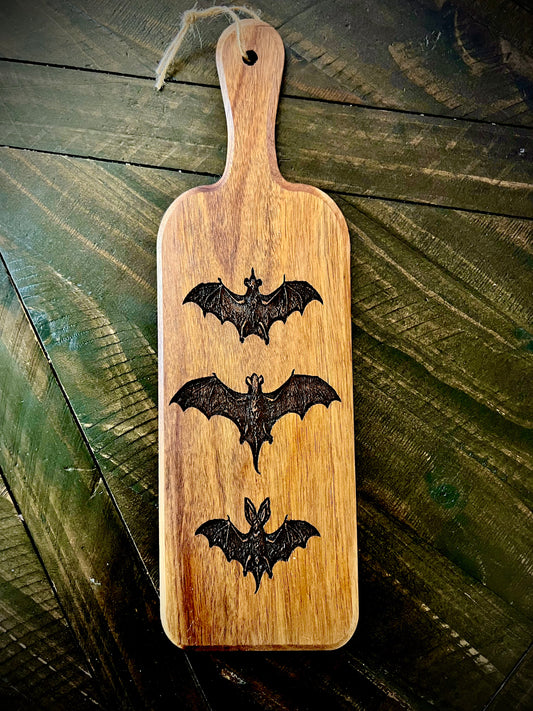 Charcuterie Board - Classic Bats engraved on beautiful Acacia Paddle Shaped Board 16” X 5” Serving Tray