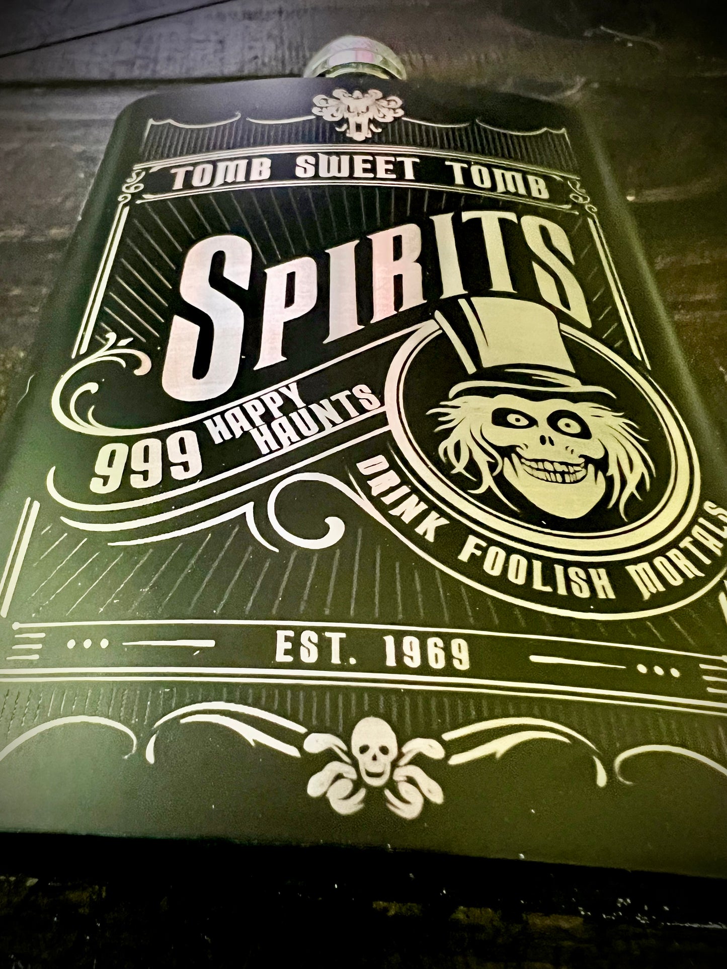 Flask - Haunted Mansion Spirits 8oz (includes funnel) Stainless Steel Hatbox Ghost