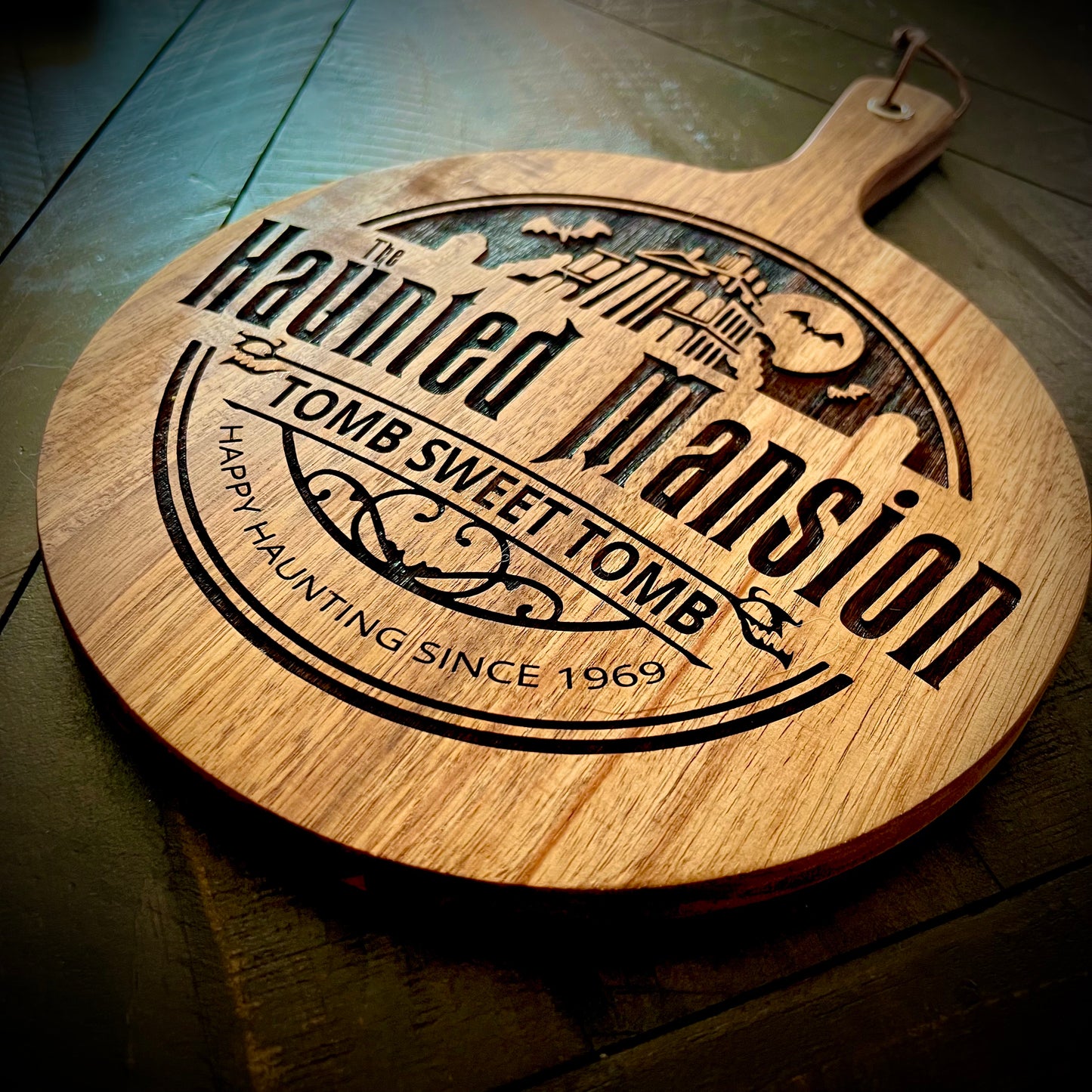 Charcuterie & Cutting Board - Haunted Mansion Engraved on beautiful round Acacia wood